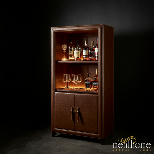 Sophisticated Leather-Wrapped Bar Cabinet - Perfect for Home Bars | Luxury Handmade Bar Cabinet