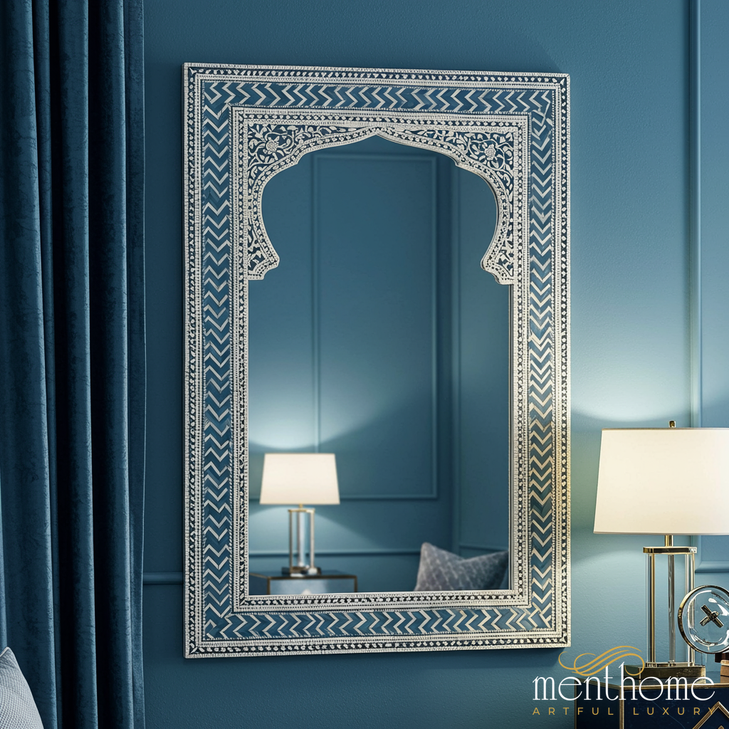 Ornate Blue and White Patterned Wall Mirror | Luxury Handmade Mirror