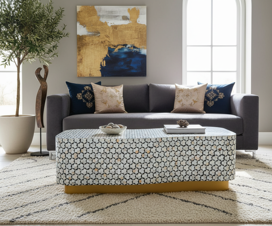 Luxury MOP Inlay Oval Coffee Table with Brass Base – Handcrafted Geometric Living Room Coffee Table
