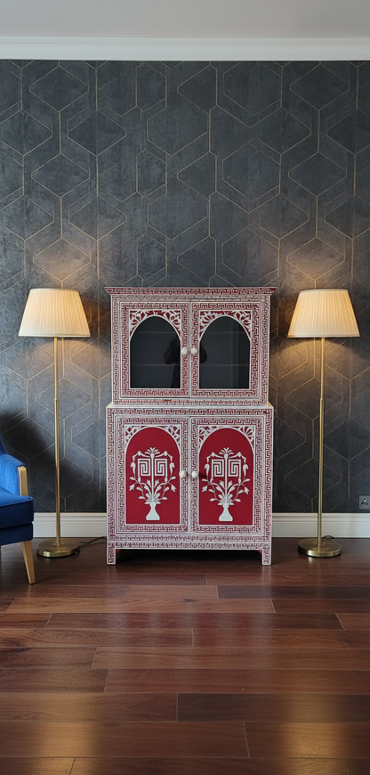 Handcrafted Red Bone Inlay Cabinet with Floral Design – Luxury Storage Accent Cabinet