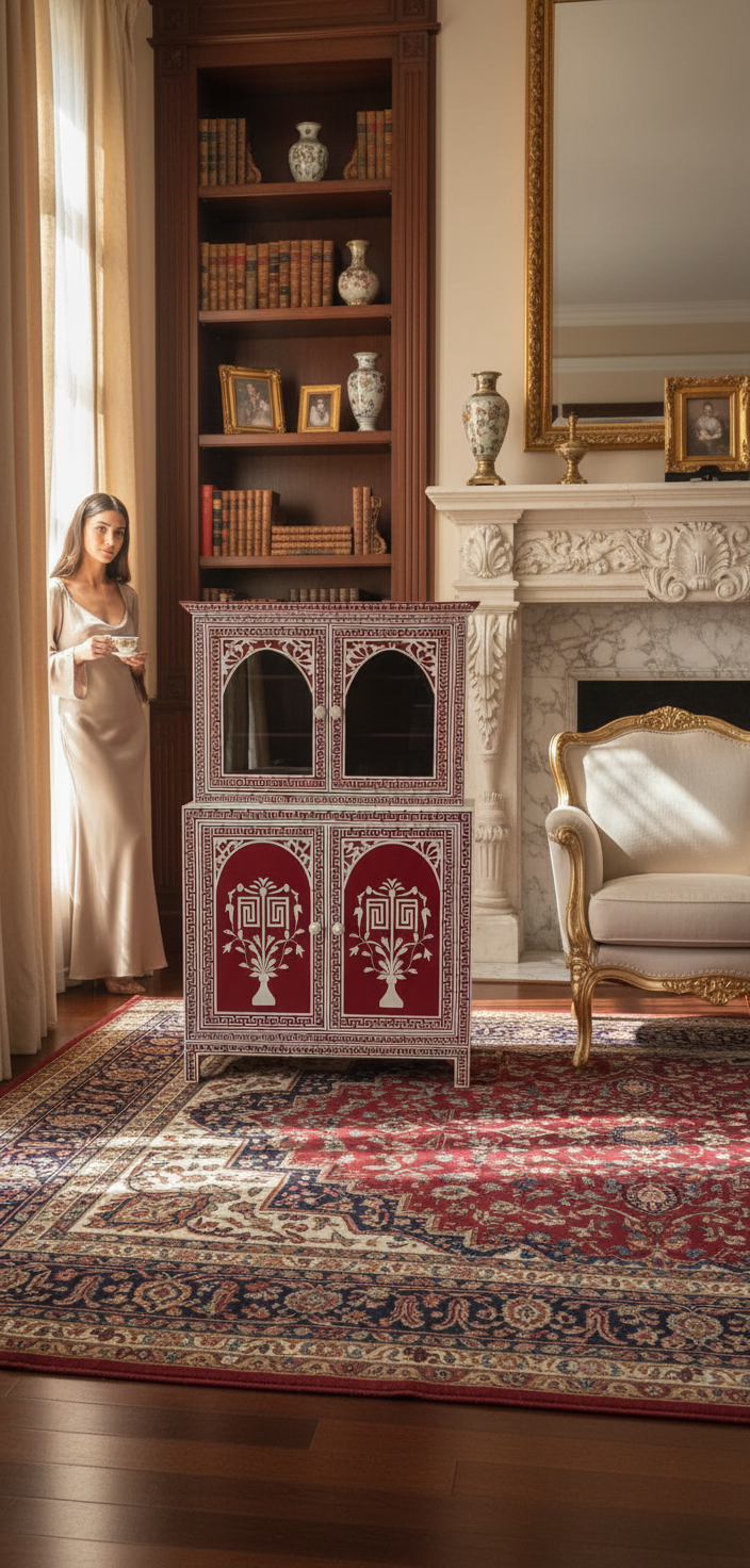 Handcrafted Red Bone Inlay Cabinet with Floral Design – Luxury Storage Accent Cabinet