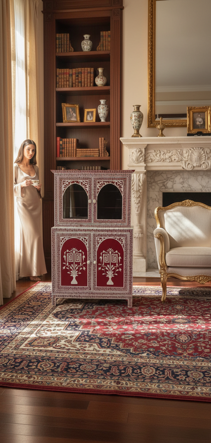 Handcrafted Red Bone Inlay Cabinet with Floral Design – Luxury Storage Accent Cabinet