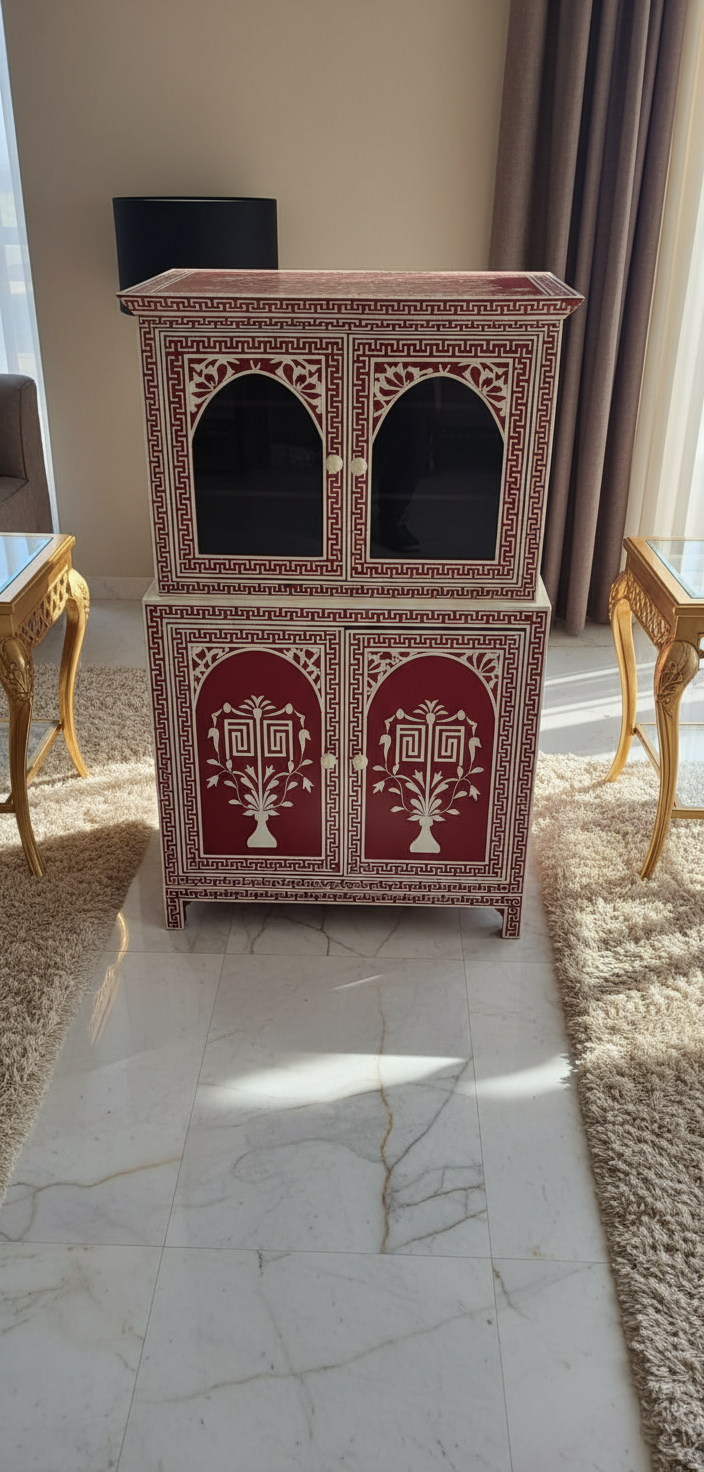 Handcrafted Red Bone Inlay Cabinet with Floral Design – Luxury Storage Accent Cabinet