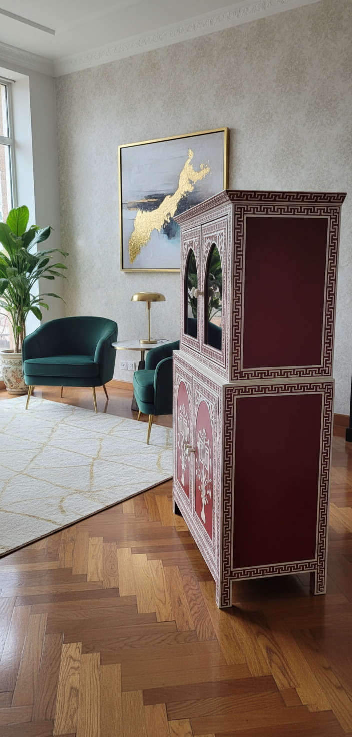 Handcrafted Red Bone Inlay Cabinet with Floral Design – Luxury Storage Accent Cabinet