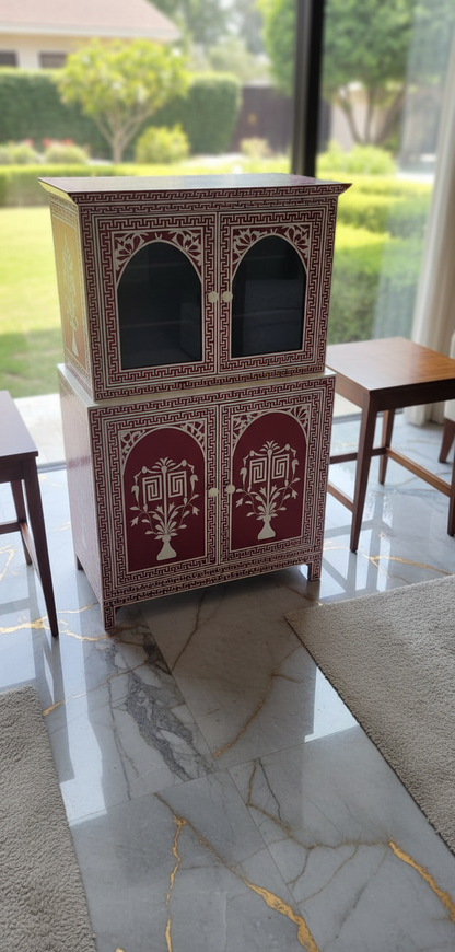 Handcrafted Red Bone Inlay Cabinet with Floral Design – Luxury Storage Accent Cabinet