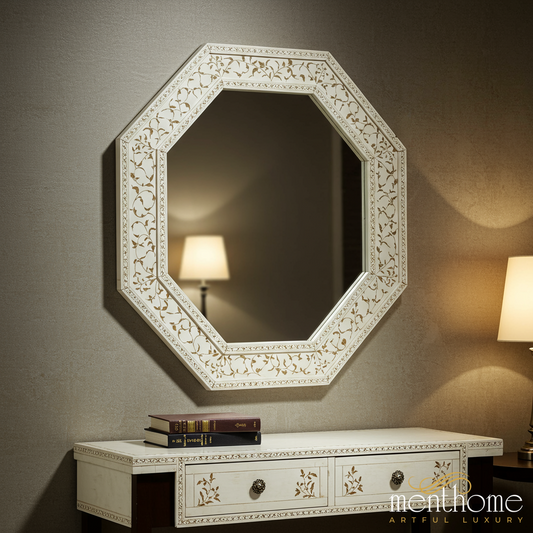 Octagonal Decorative Wall Mirror with Hand-Painted Floral Frame | Luxury Handmade Mirror