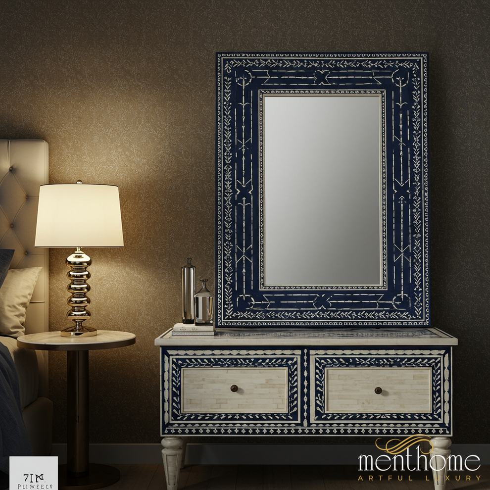 Vintage Blue and White Inlay Dressing Table with Mirror | Luxury Handm Menthome India Vintage Blue and White Inlay Dressing Table with Mirror | Luxury Handm Menthome India
