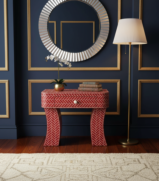 Red Bone Inlay One-Drawer Bedside Table with Geometric Herringbone Design