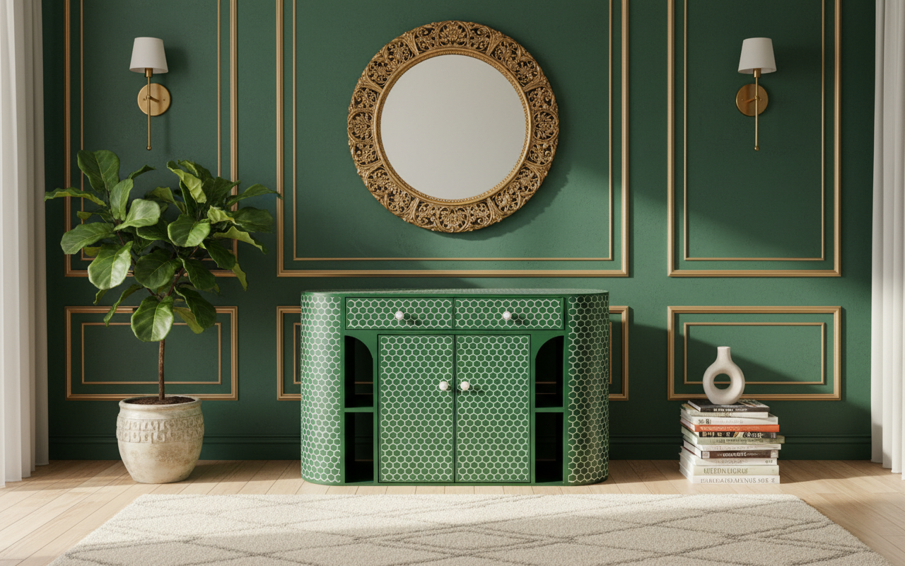Emerald Bone Inlay Sideboard Cabinet with Drawers & Shelves – Luxury Storage Console (48"W x 14"D x 30"H)