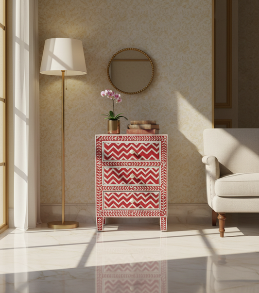 Red Herringbone Bone Inlay Bedside Table with 3 Drawers – Luxury Accent Nightstand (20"W x 16"D x 28"H)