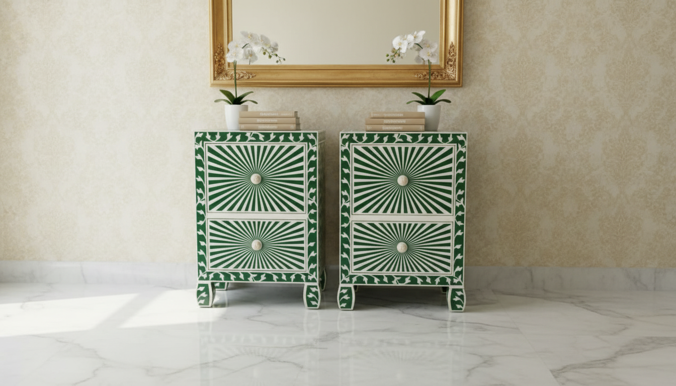 Emerald Sunburst Bone Inlay Bedside Table with 2 Drawers – Luxury Nightstand (20"W x 16"D x 28"H)