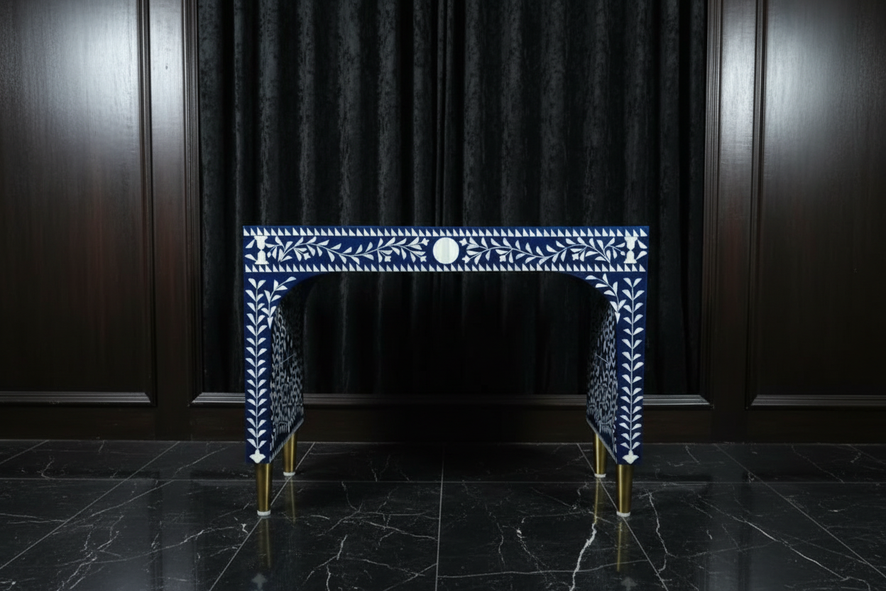 Royal Blue Bone Inlay Writing Desk with Brass Legs – Luxury Accent Desk (36"W x 18"D x 30"H)