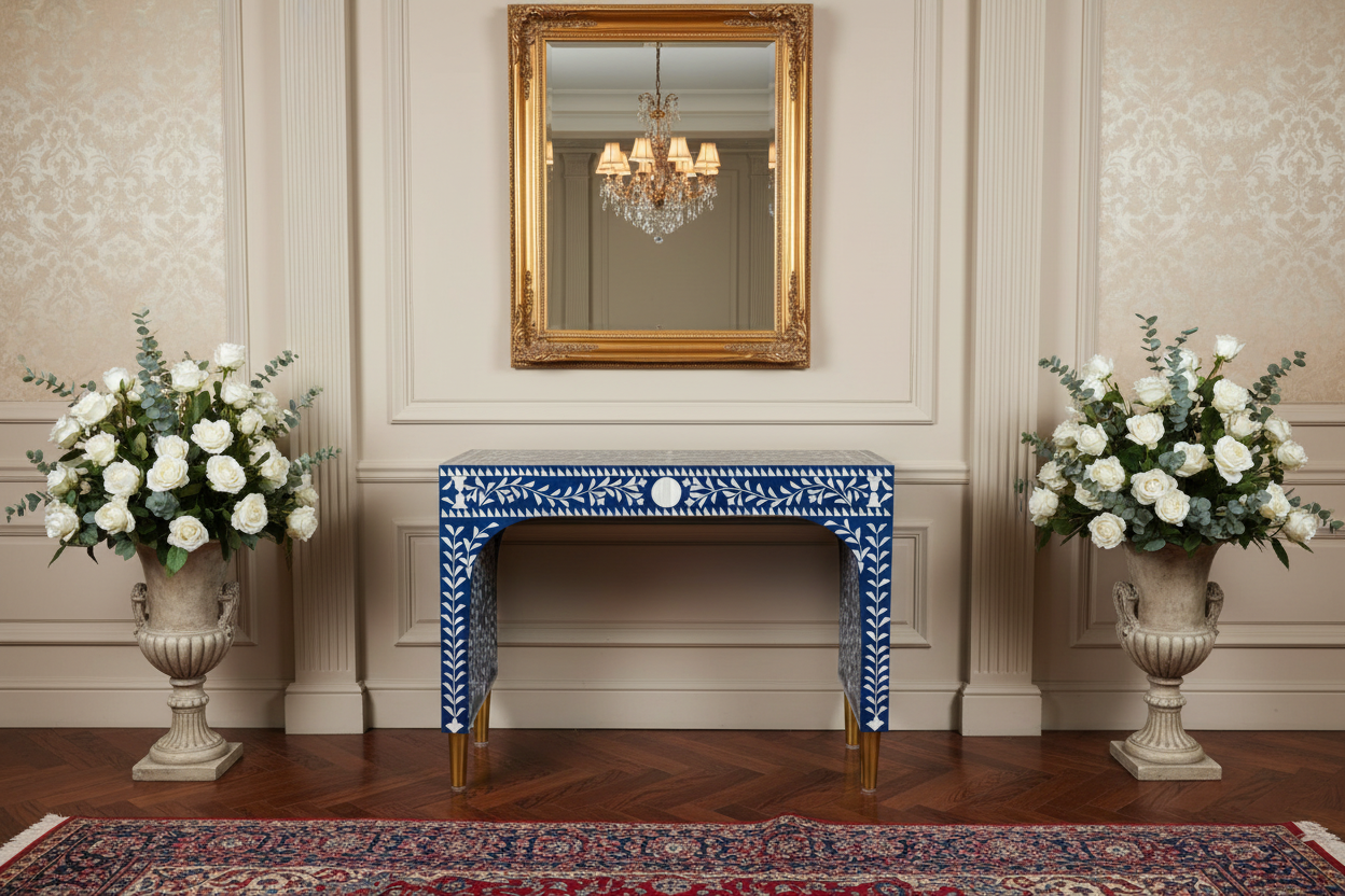 Royal Blue Bone Inlay Writing Desk with Brass Legs – Luxury Accent Desk (36"W x 18"D x 30"H)