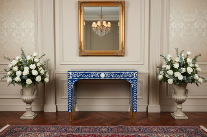 Royal Blue Bone Inlay Writing Desk with Brass Legs – Luxury Accent Desk (36"W x 18"D x 30"H)