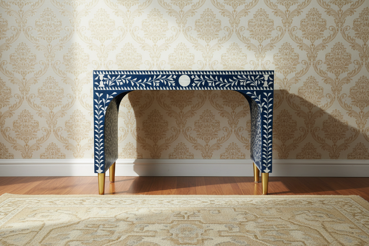 Royal Blue Bone Inlay Writing Desk with Brass Legs – Luxury Accent Desk (36"W x 18"D x 30"H)