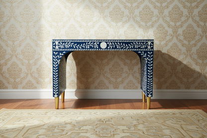 Royal Blue Bone Inlay Writing Desk with Brass Legs – Luxury Accent Desk (36"W x 18"D x 30"H)