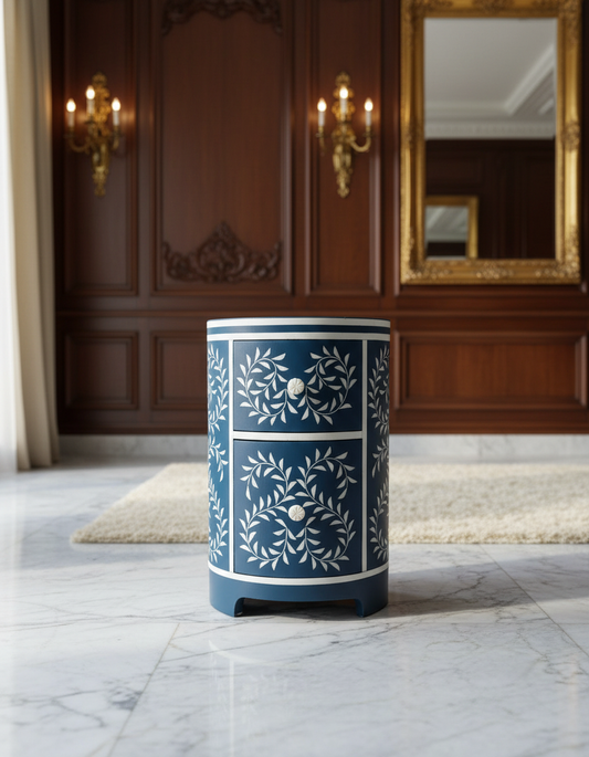 Royal Blue Bone Inlay Drum Bedside Table with 2 Drawers – Luxury Accent Nightstand (15"W x 15"D x 24"H)