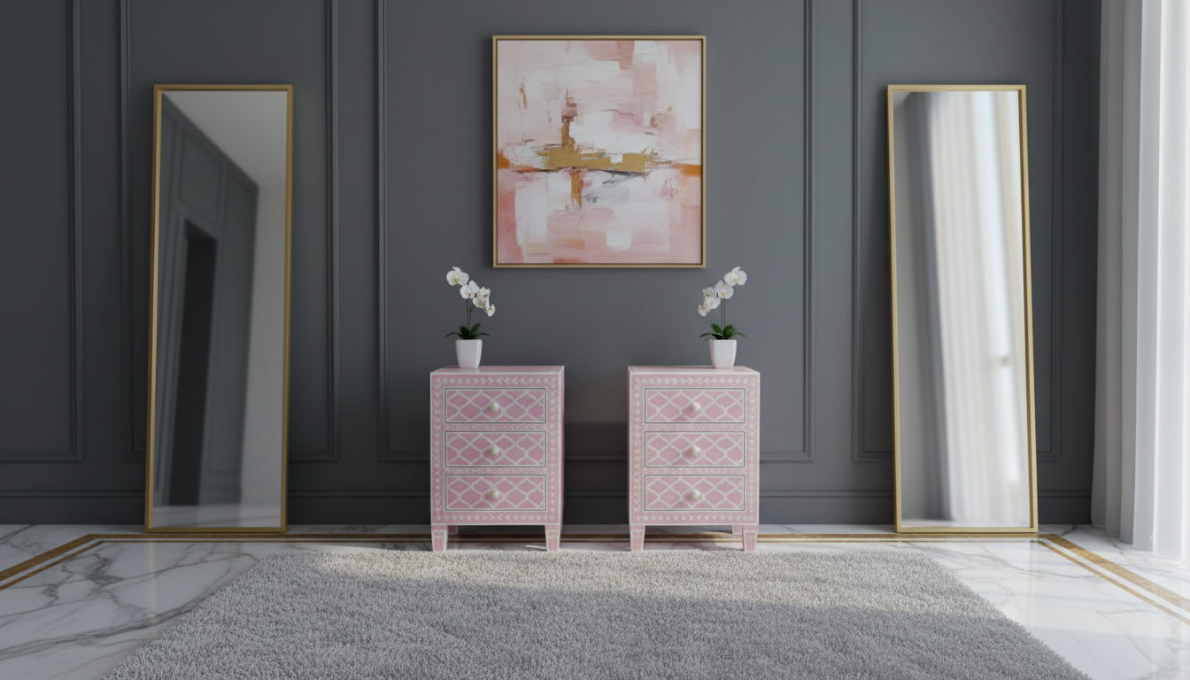 Blush Pink Bone Inlay Bedside Table with 3 Drawers – Luxury Nightstand for Elegant Interiors (18"W x 16"D x 26"H)