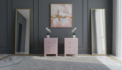 Blush Pink Bone Inlay Bedside Table with 3 Drawers – Luxury Nightstand for Elegant Interiors (18"W x 16"D x 26"H)