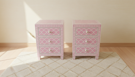 Blush Pink Bone Inlay Bedside Table with 3 Drawers – Luxury Nightstand for Elegant Interiors (18"W x 16"D x 26"H)