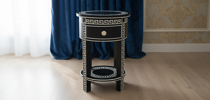 Ready to ship Luxury Black Bone Inlay Round Side Table with Drawer | Handmade Bone Inlay Bedside Table | Modern Accent End Table