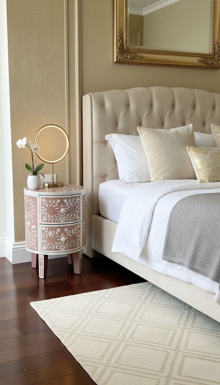 Ready to Ship in India | Pink Bone Inlay Round Bedside Table – Handmade 2 Drawer Nightstand | Floral Bone Inlay Design | 12W x 12D x 18H Inches