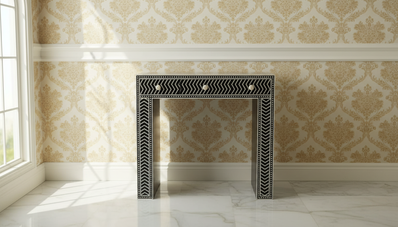 Ready to Ship Bone Inlay Writing Desk / Console Table – Black & White Chevron Design (34"W x 18"D x 30"H) | Handmade in India