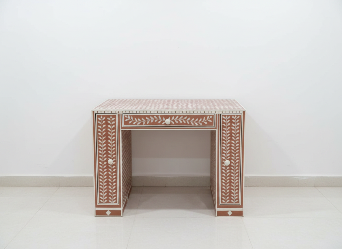 Ready to Ship in India | Pink Bone Inlay Writing Desk with 2 Doors & 1 Drawer – Handmade Study Table & Home Office Desk | 36W x 18D x 30H Inches