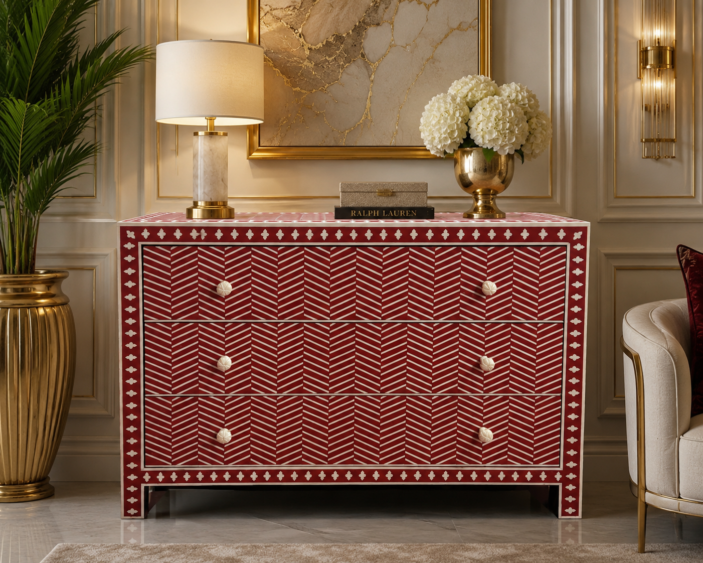 Ready to Ship Bone Inlay Cabinet / Chest of Drawers – Red & White Herringbone Design (42"W x 18"D x 30"H) | Handmade in India