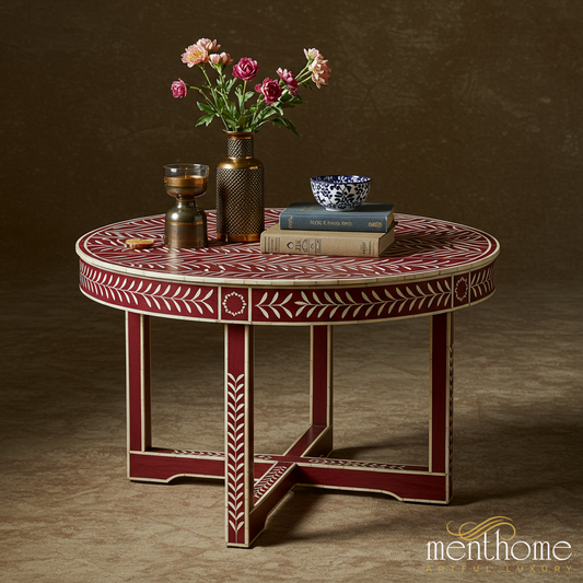 Red and White Decorative Round Wooden Table | Luxury Handmade Coffee Table