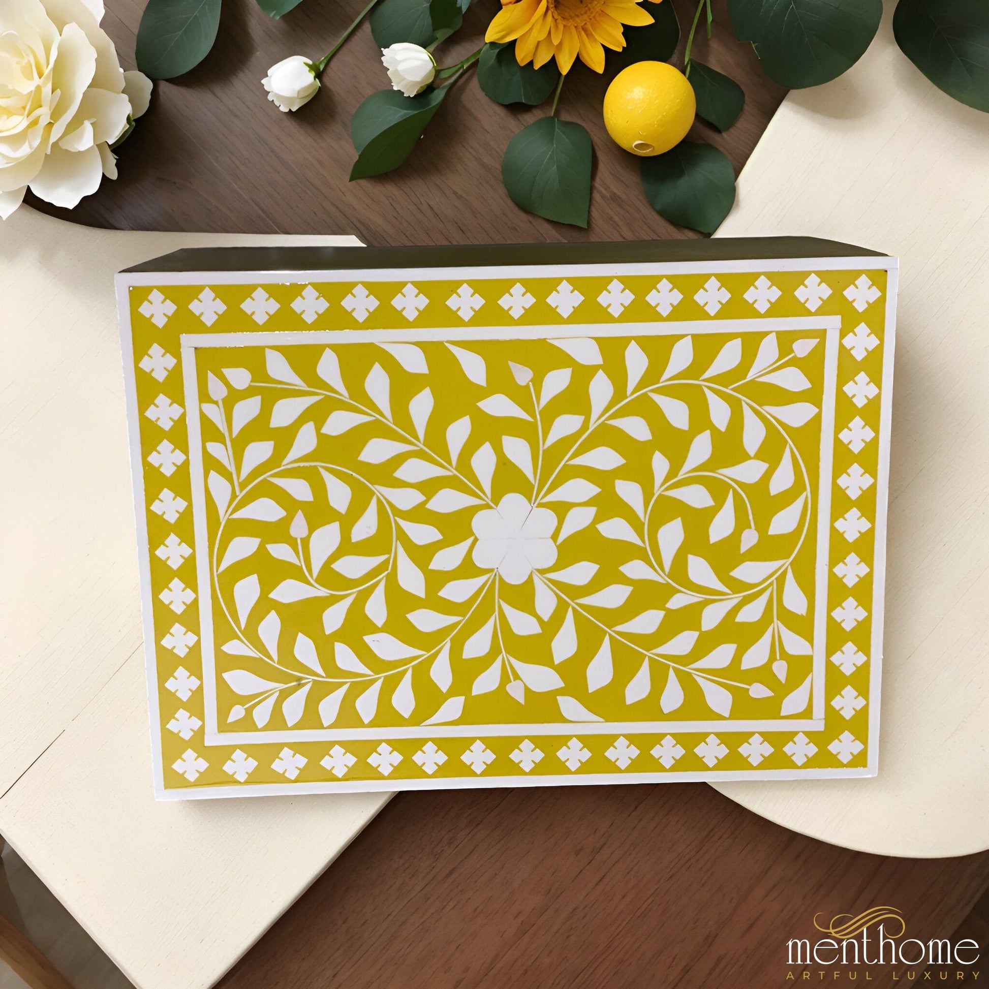 Floral Bedside Table Yellow Resin with Brass Stand | Luxury Handmade Bedside Table
