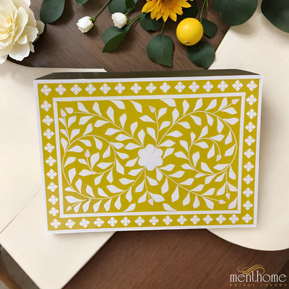 Floral Bedside Table Yellow Resin with Brass Stand | Luxury Handmade Bedside Table