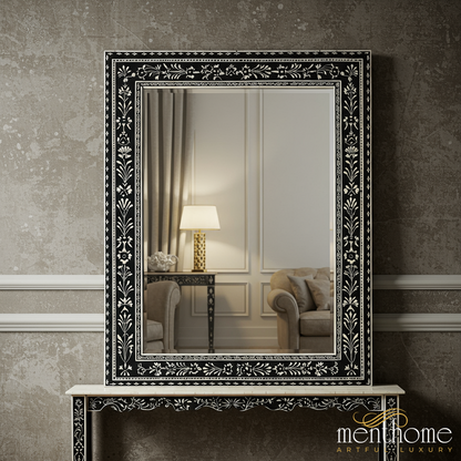 Elegant Black and White Floral Inlay Mirror | Luxury Handmade Mirror