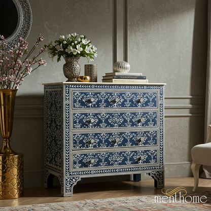 Handcrafted Blue Bone Inlay Chest of Drawers | Luxury Handmade Chest of Drawer