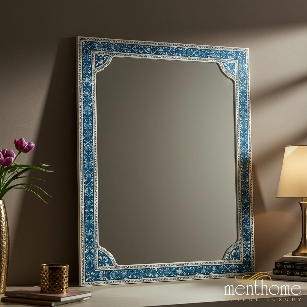 Decorative Blue Floral Patterned Wall Mirror | Luxury Handmade Mirror