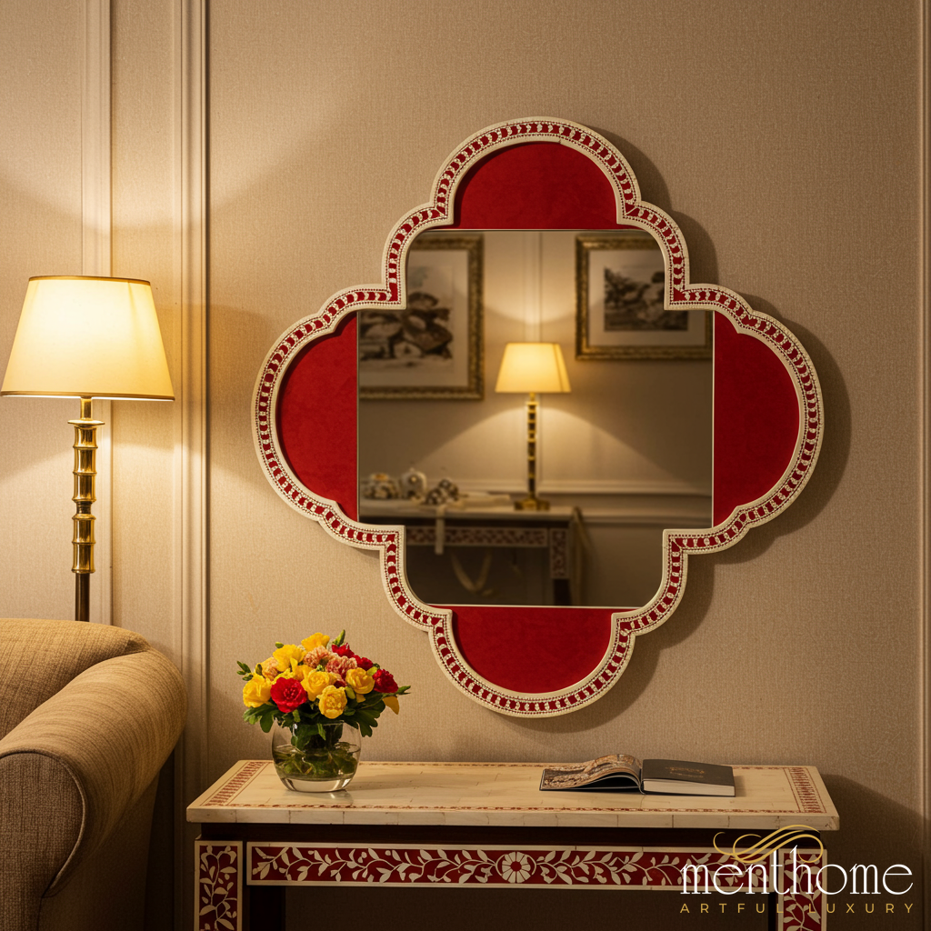 Luxury Quatrefoil Decorative Wall Mirror with Red Velvet Accents | Luxury Handmade Mirror