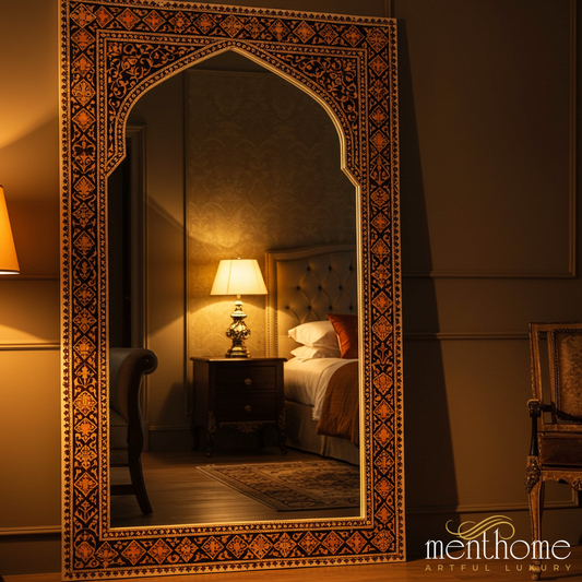 Ornate Vintage Floor Mirror with Intricate Wood Inlay Frame | Luxury Handmade Mirror
