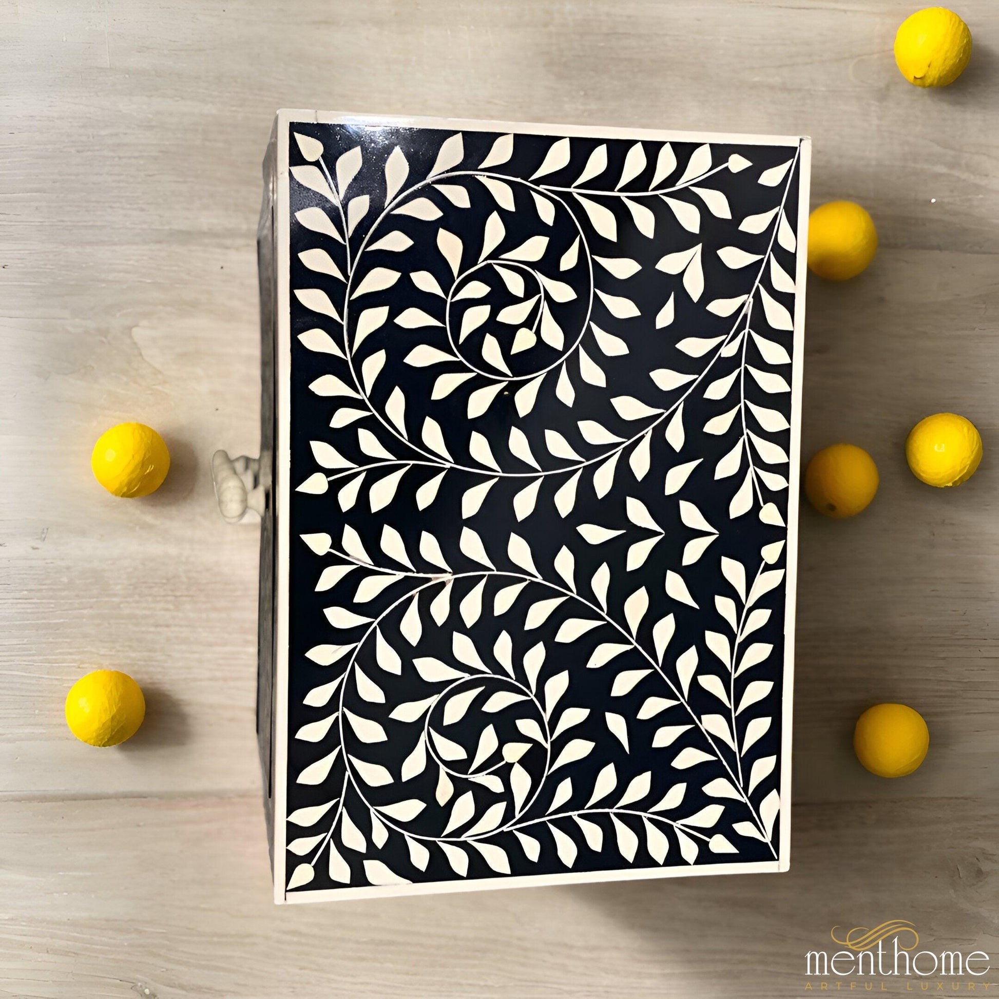 Leaf Design Black and White 3 Drawer Resin Bedside Table | Luxury Handmade Bedside Table