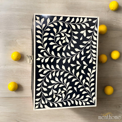 Leaf Design Black and White 3 Drawer Resin Bedside Table | Luxury Handmade Bedside Table