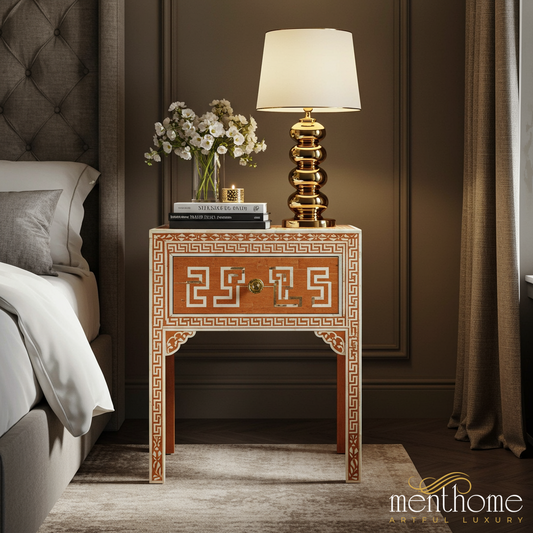 Elegant Wooden Nightstand with Intricate Greek Key Design | Luxury Handmade Bedside Table