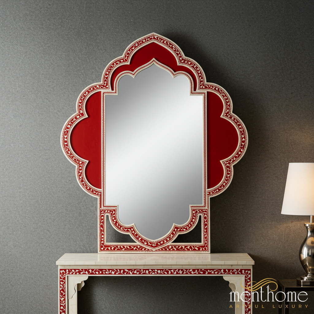 Red and Ivory Bone Inlay Wall Mirror | Luxury Handmade Mirror