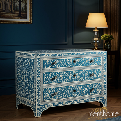 Handcrafted Blue Floral Bone Inlay Chest of Drawers | Luxury Handmade Chest of Drawer
