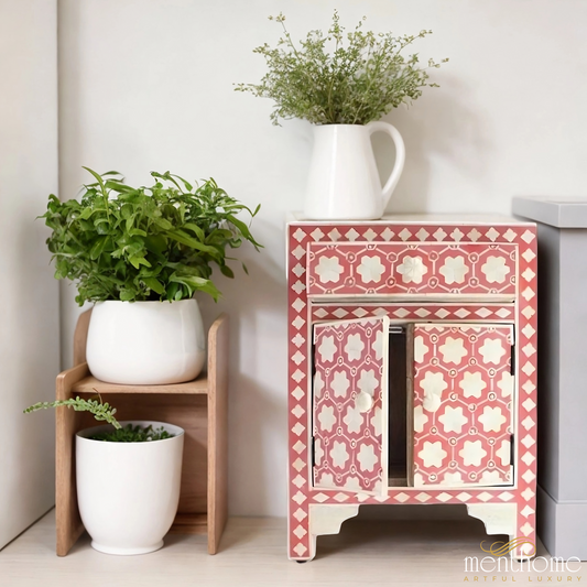 Bubblegum Pink Mother of Pearl Bedside Table | Luxury Handmade Bedside Table