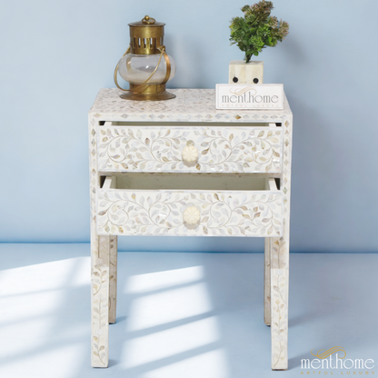 White Mother of Pearl inlay bedside table | Luxury Handmade Bedside Table