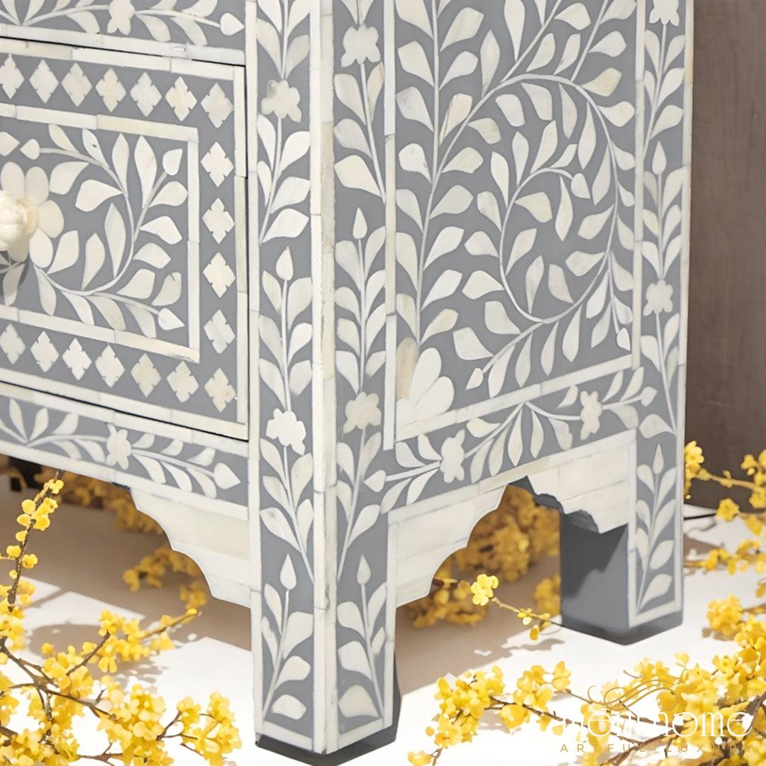 Bone Inlay Grey Floral 2 Drawer Nightstand | Luxury Handmade Bedside Table