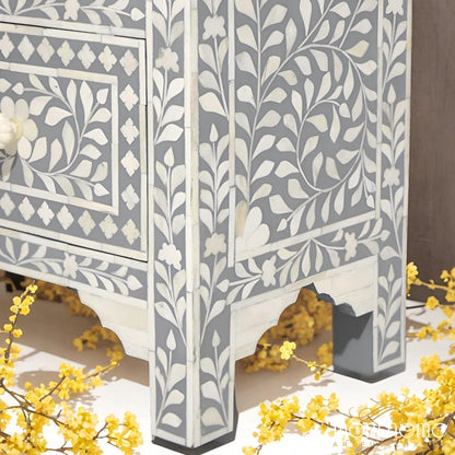 Bone Inlay Grey Floral 2 Drawer Nightstand | Luxury Handmade Bedside Table