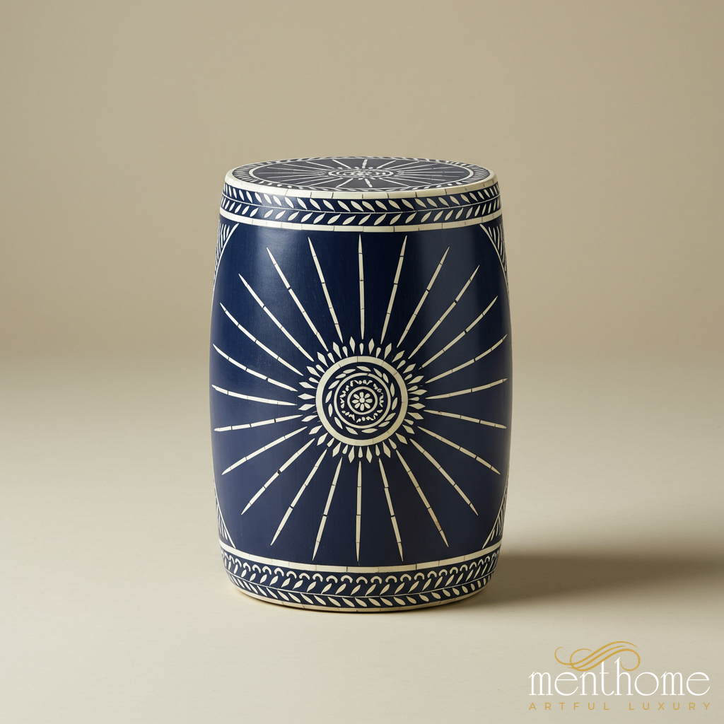 Navy Blue inlay Garden Stool with White Sunburst Design | Luxury Handmade Stool