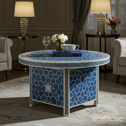 Handcrafted Blue Mosaic Round Coffee Table | Luxury Handmade Coffee Table