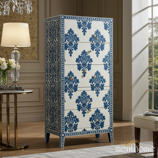 Blue and White Floral Patterned Tall Chest of Drawers | Luxury Handmade Tallboy