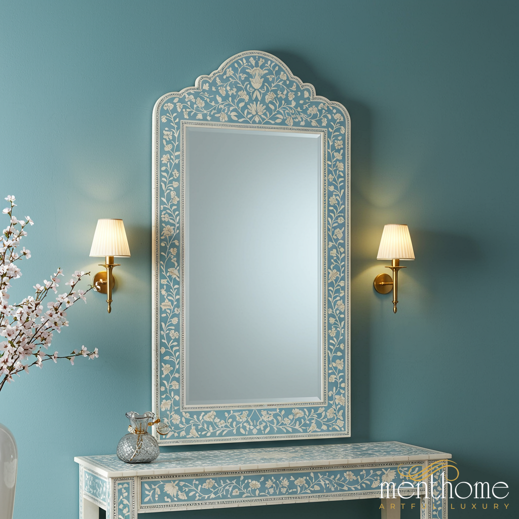Handcrafted Blue Floral Inlay Wall Mirror | Luxury Handmade Mirror